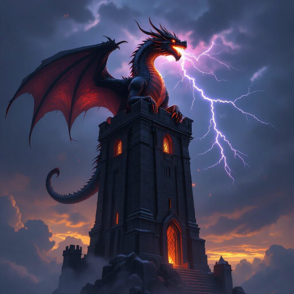 Obsidian Tower with Roaring Dragon in Dark Fantasy Style