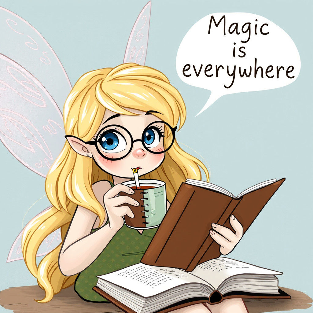 Blonde Fairy Reading a Book with Coffee