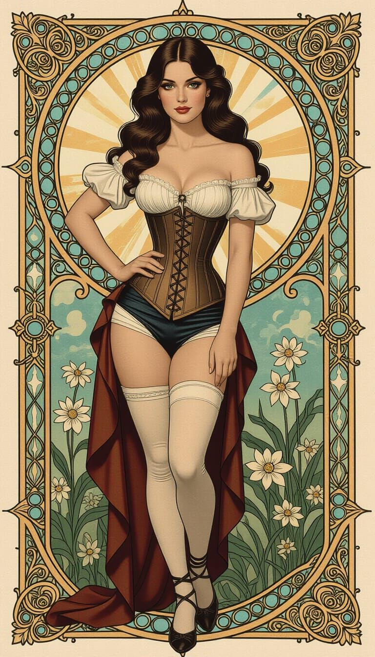 Pin-Up Girl in Dürer Glitch Style with Tonalist Background