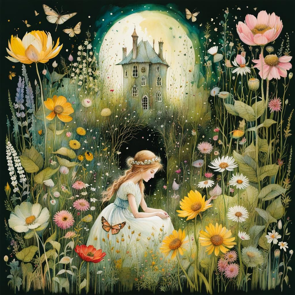 Enchanted Garden Illustration with Watercolor Effects