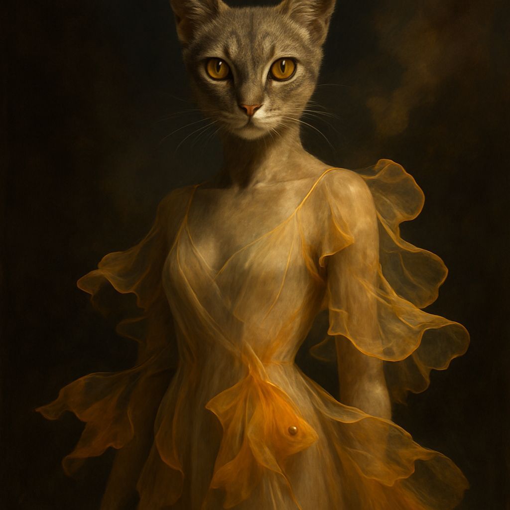 Surreal Cat-Human Hybrid in Golden Chiffon Dress