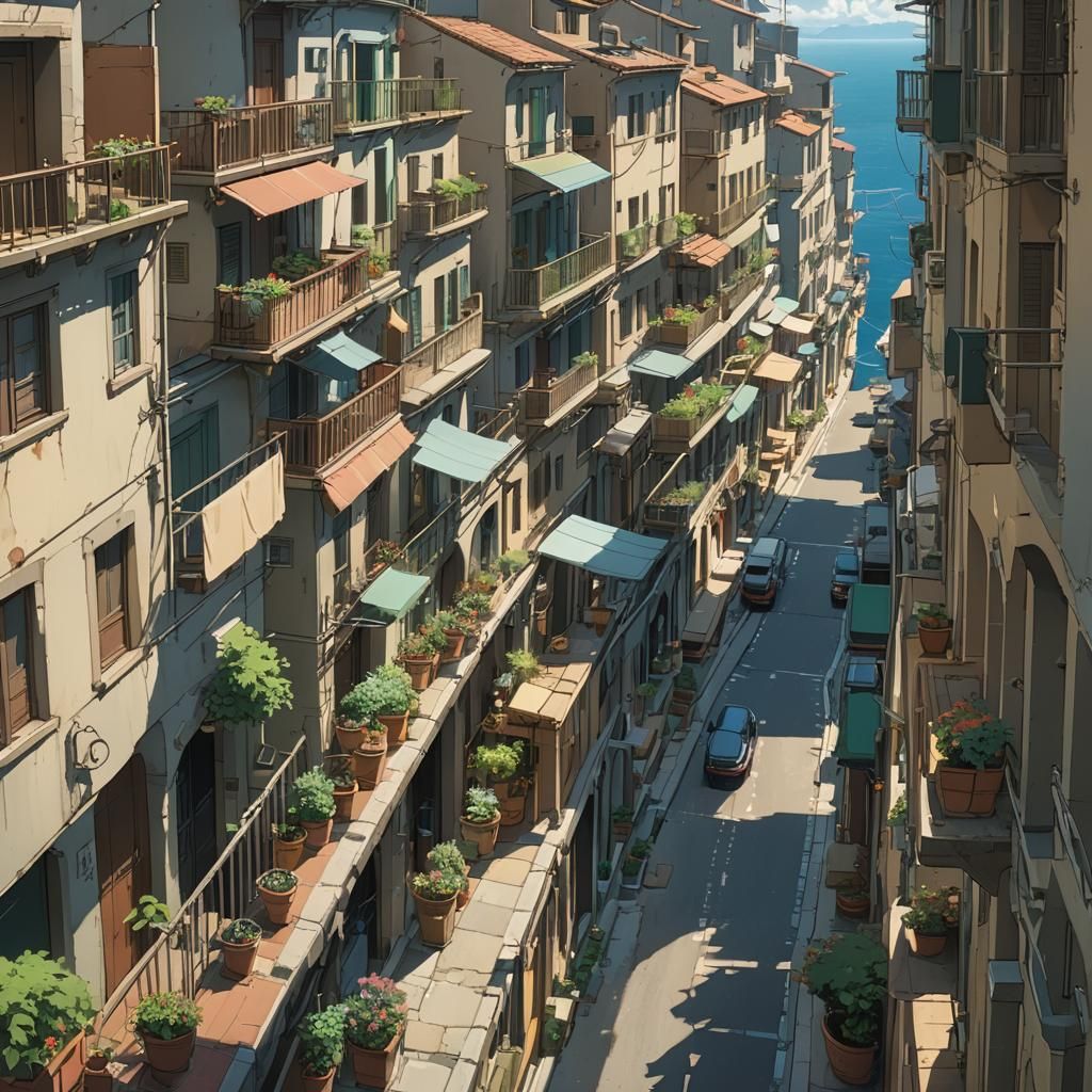 Italian Seaside Town in Studio Ghibli Style