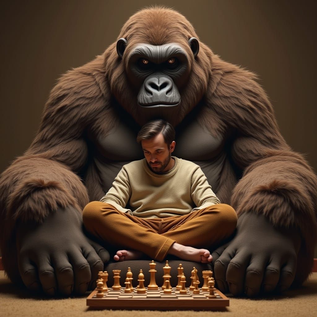 Man in Cozy Sweater Plays Chess on Giant Gorilla Couch