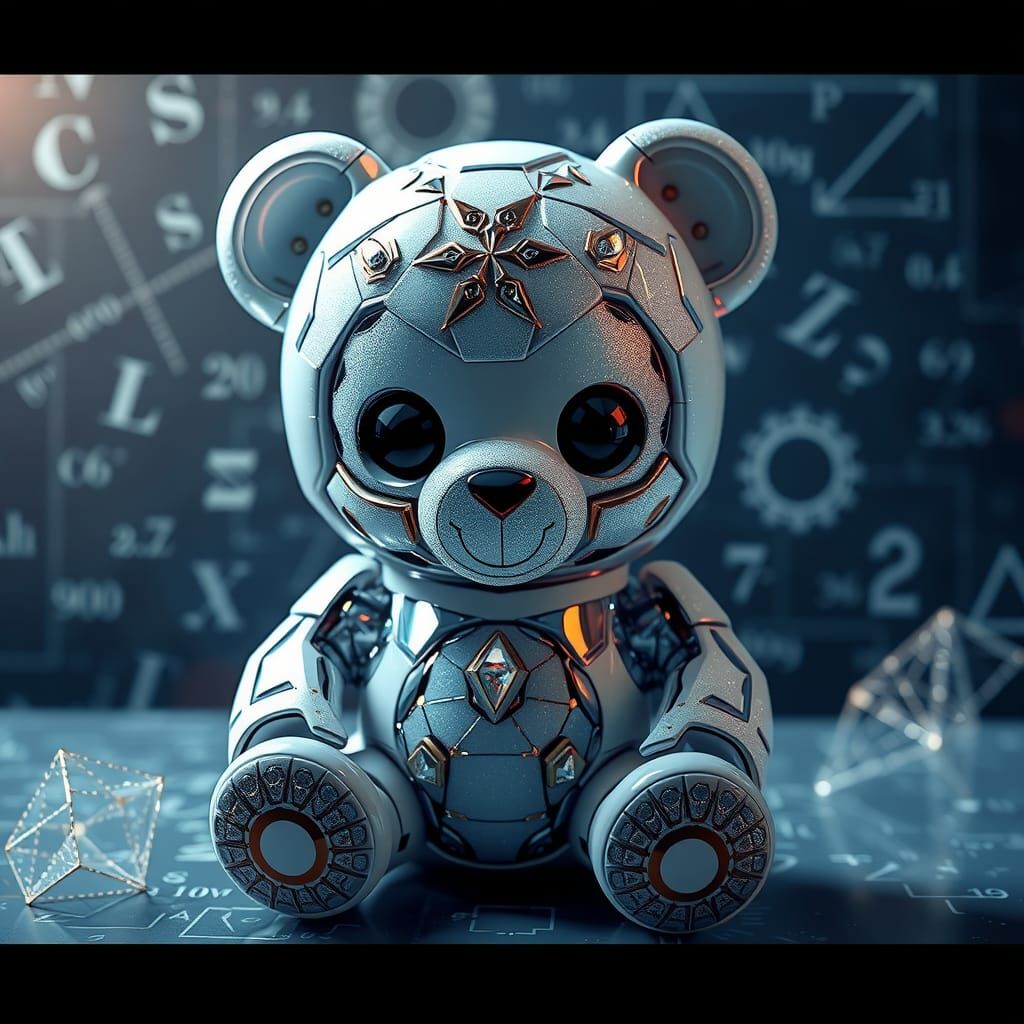 chibi bobblehead robotic teddy bear in glittering porcelain,...