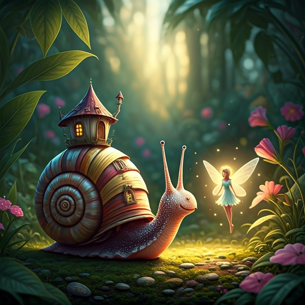 Enchanted Garden Snail Meets Glowing Fairy in Whimsical Illu...