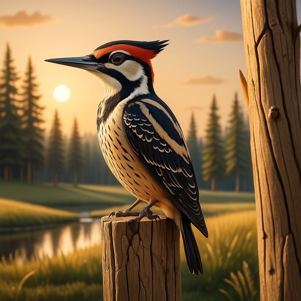 Woodpecker Carved From Pencil, Bierstadt Landscape