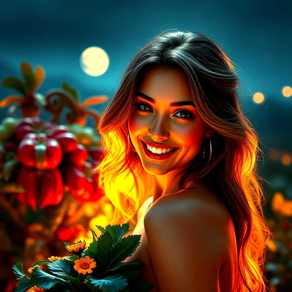 Moonlit Garden: Beautiful Woman in Detailed Matte Painting