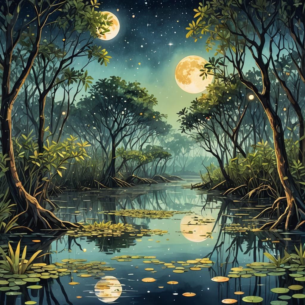 Fireflies Blink Over Still Mangrove Swamp, Watercolor