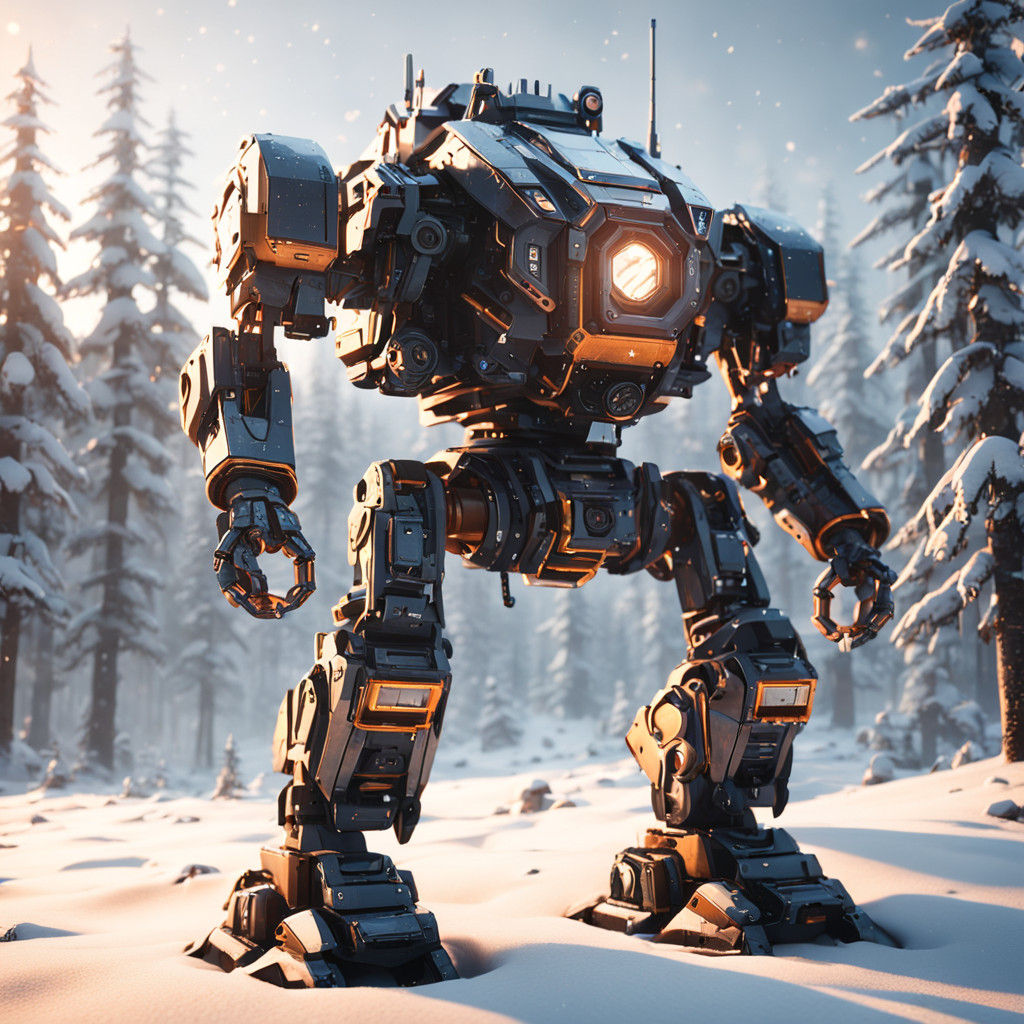 Cybernetic Warrior Emerges from Morning Snowfall