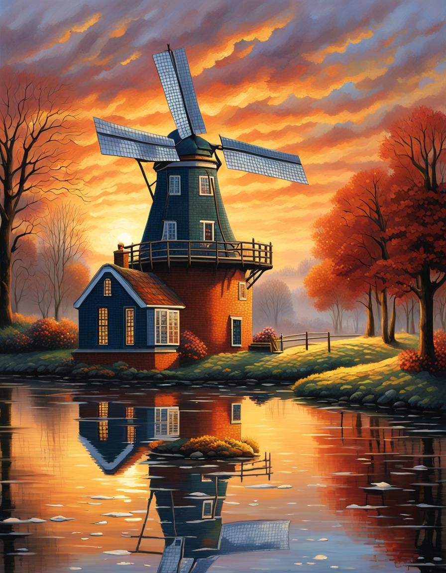Brick Windmill in Winter Sunset: Oil Painting