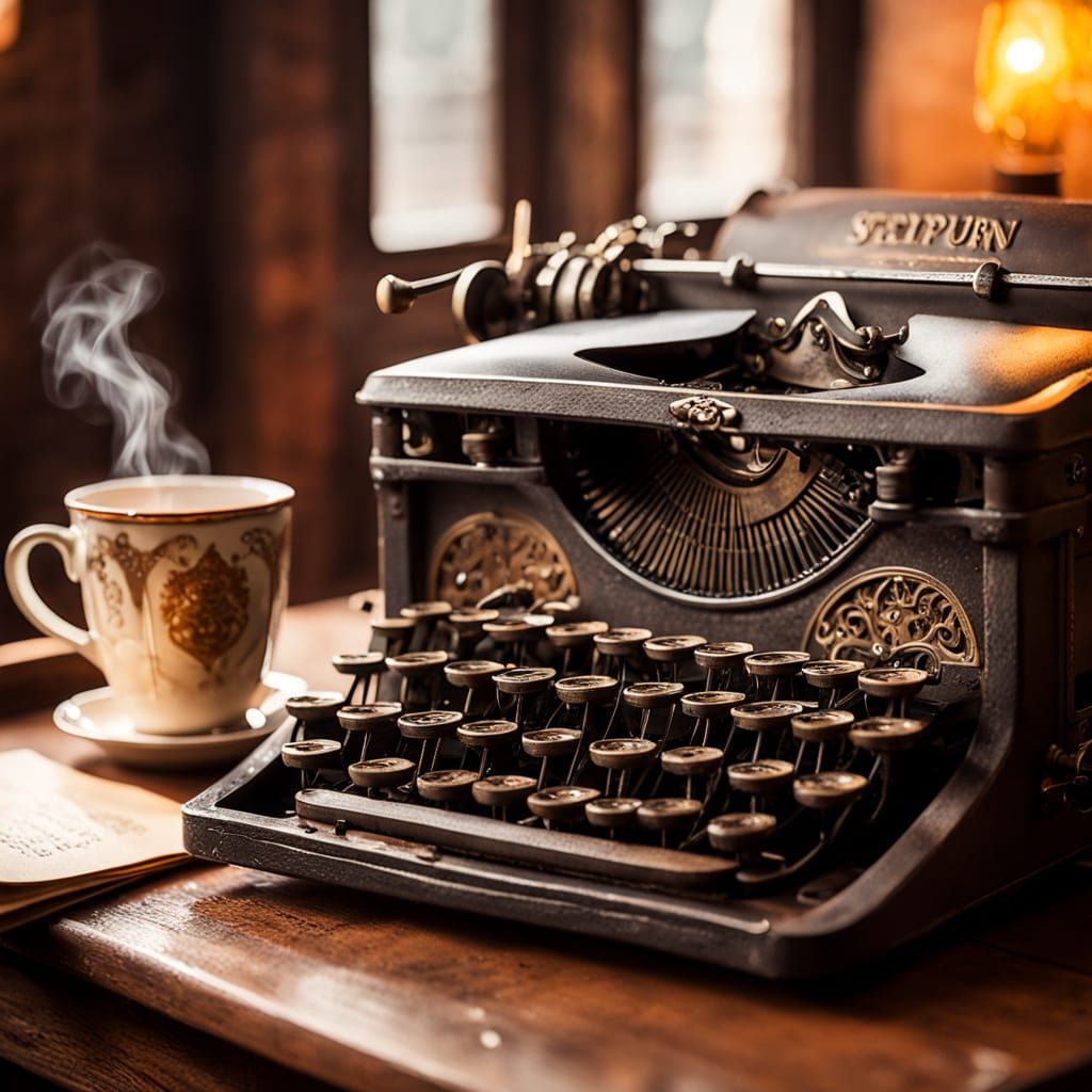 Vintage Steampunk Typewriter Scene in Golden Hour