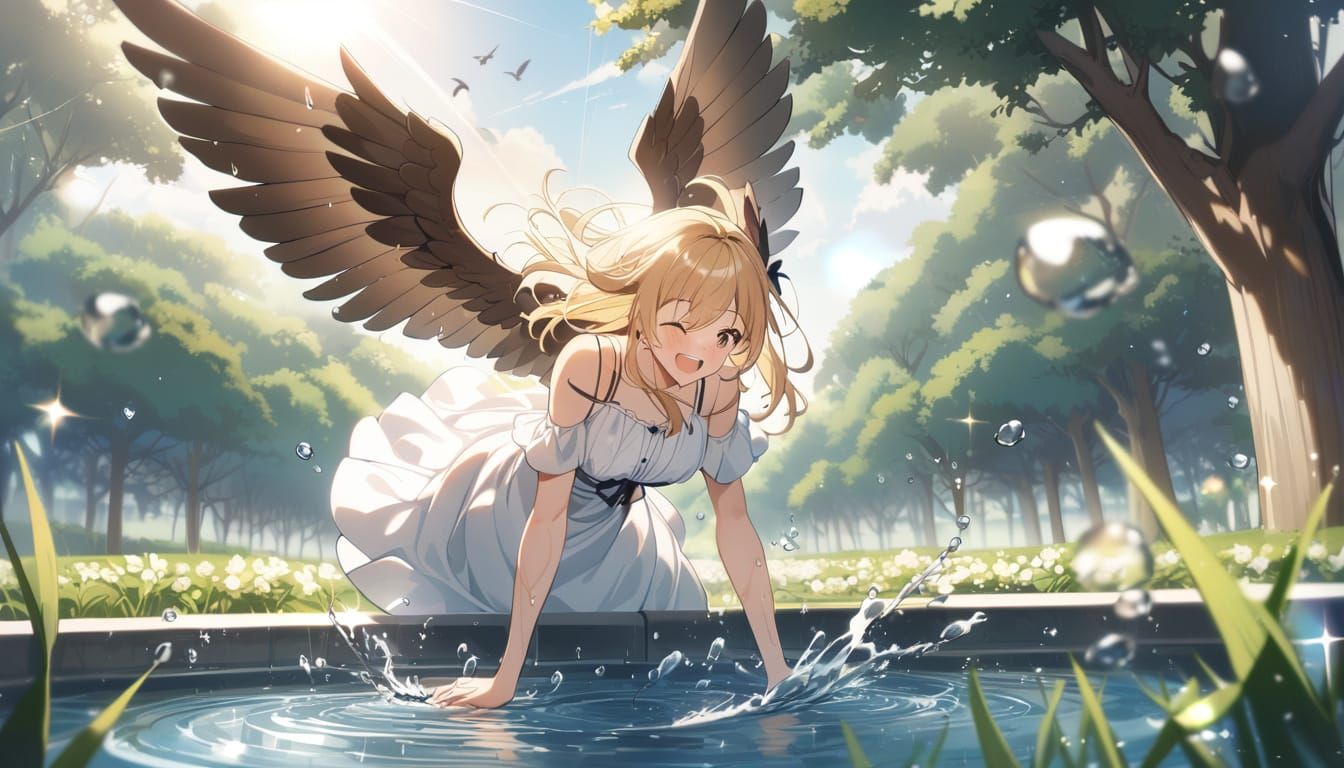 Happy Bird-Girl Splashing in Fountain with Wings