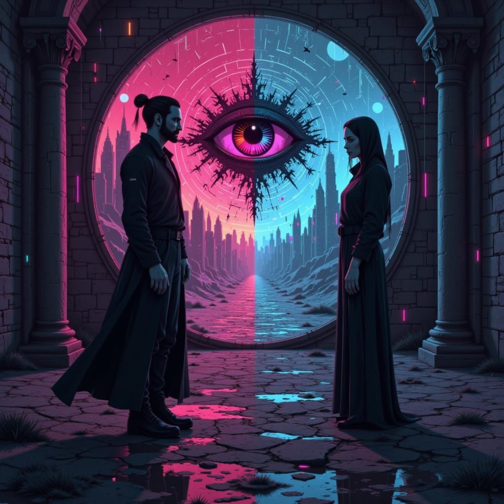 Ethereal Shattered Landscape with Silhouettes at Sunset