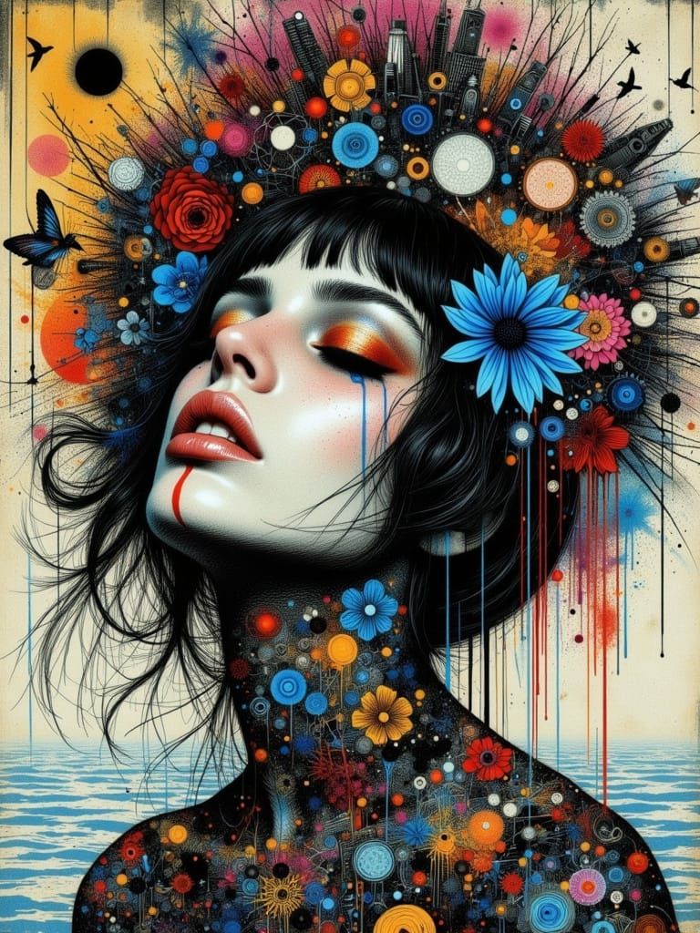 Colorful Gothic Woman in Abstract Mixed Media