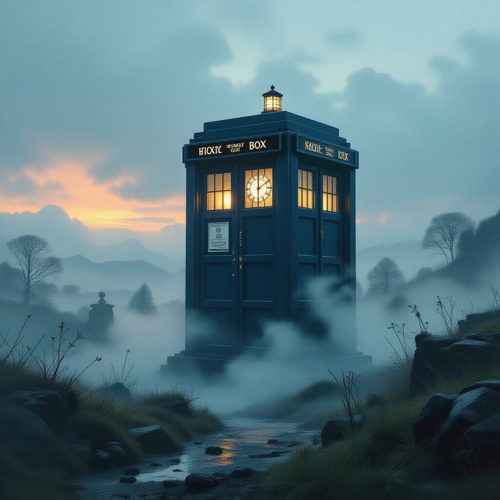 Tardis in Nostalgic Landscape: Retro-Futuristic Surrealism