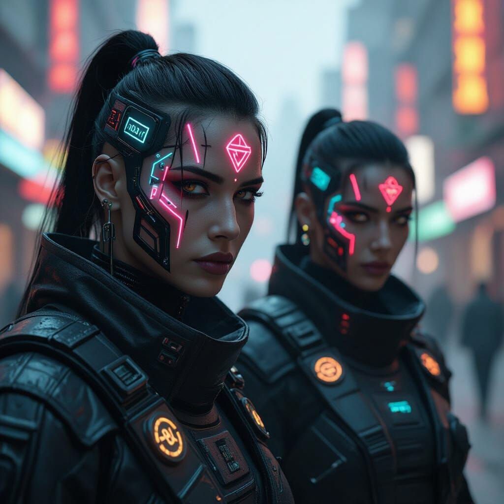 Cyberpunk Gods With Glowing Sigils in Futuristic Style