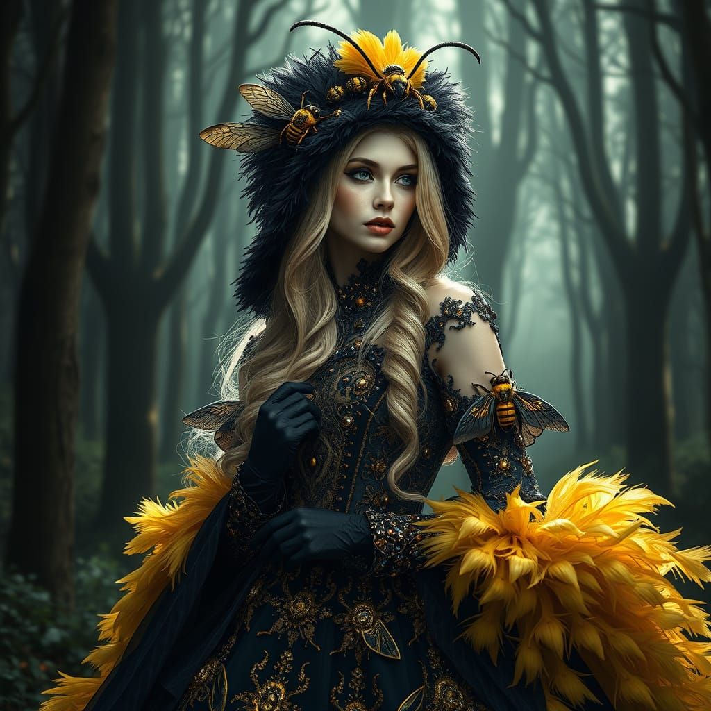 Gothic Woman in Bee Ball Gown, Dystopian Fantasy