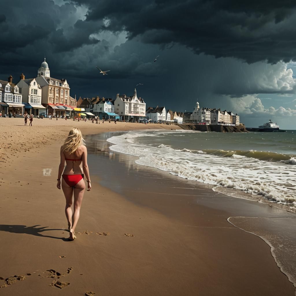 Lonely Beach: English Seaside Town in Summer Storm