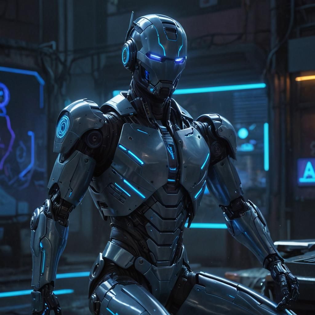 Cyberpunk AI Superhero Defends City in Neon Lights