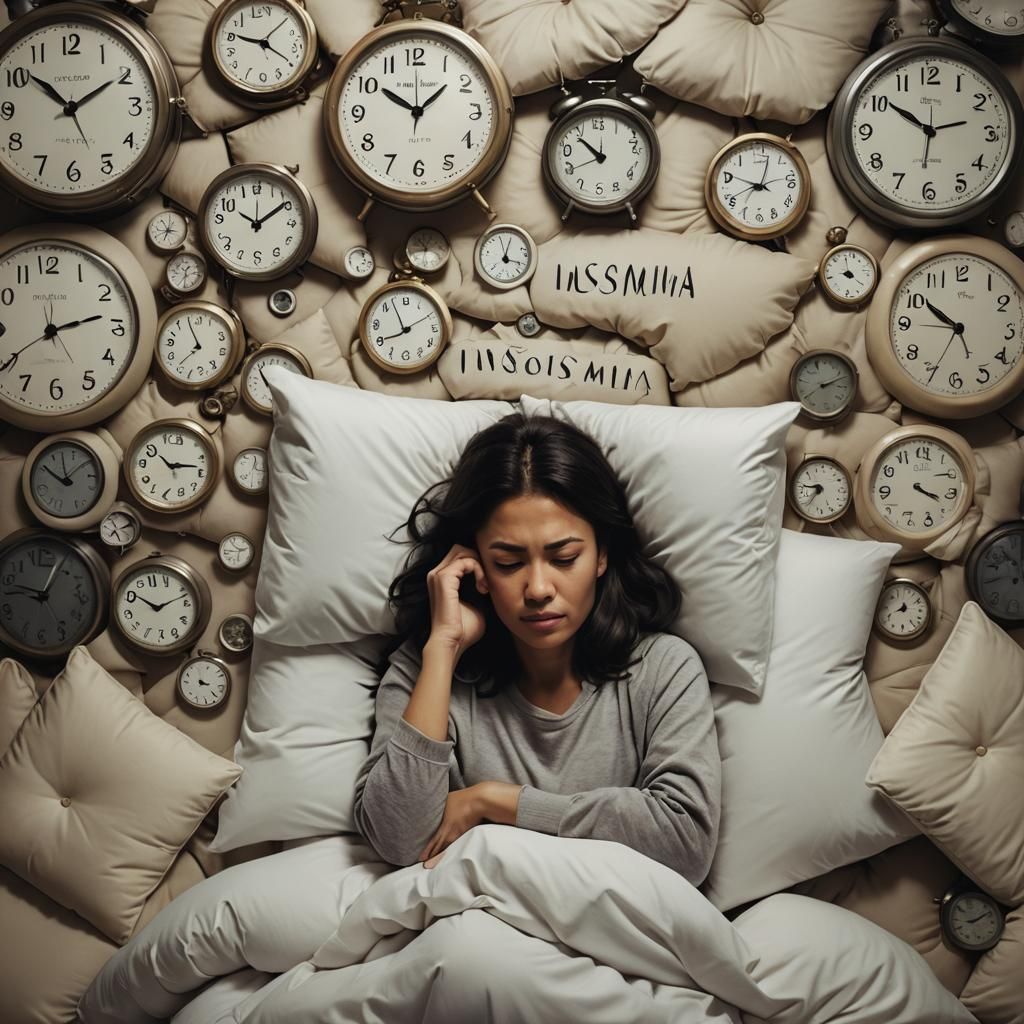 Surreal Insomnia: Woman Amidst Pillows and Clocks