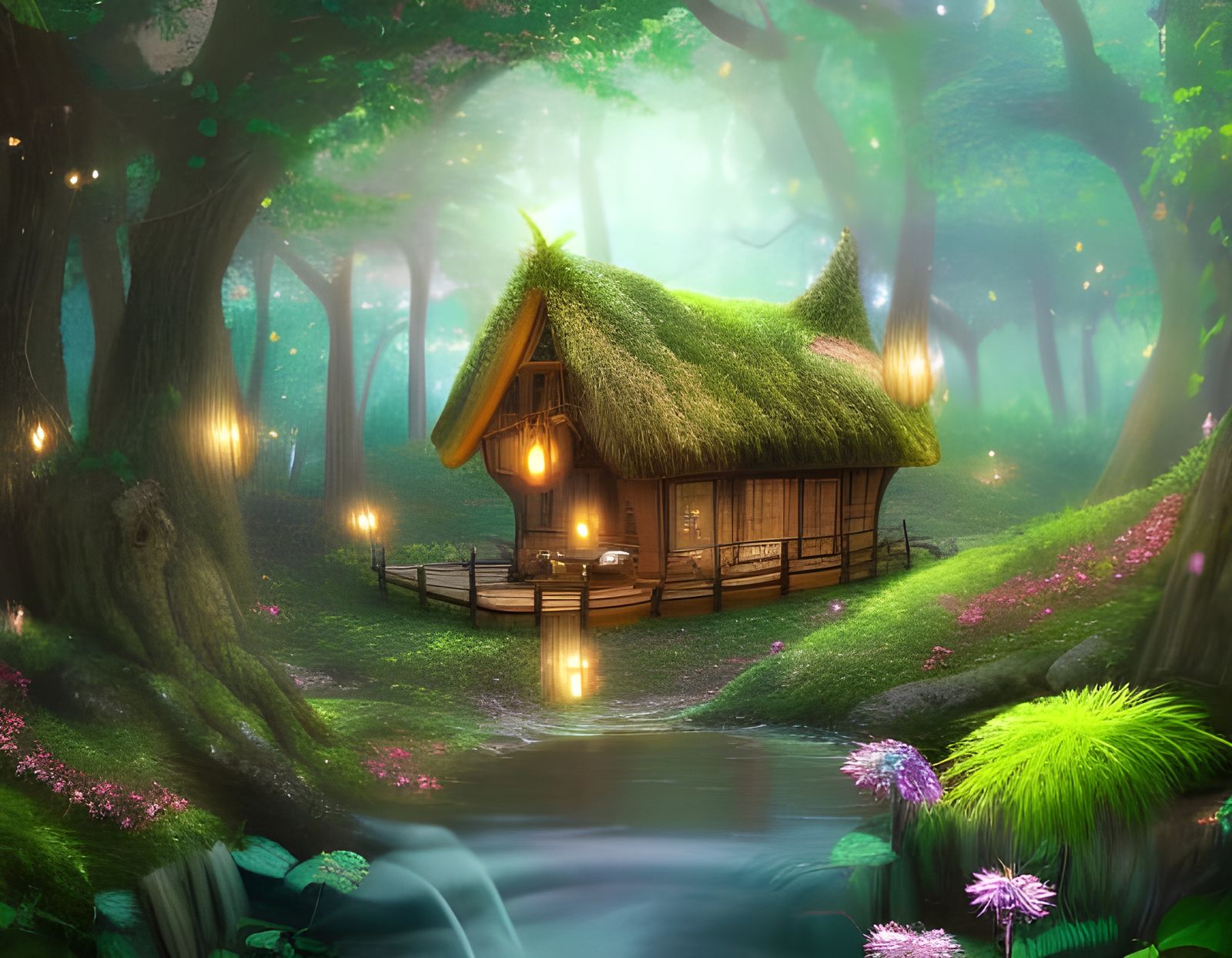 Enchanting Fairy Treehouse by Stream in Magical Forest