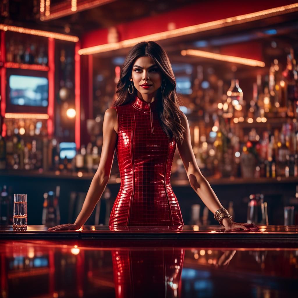 Victoria Justice in a red latex mini dress dancing on a bar Epic cinematic brilliant stunning intricate meticulously det...