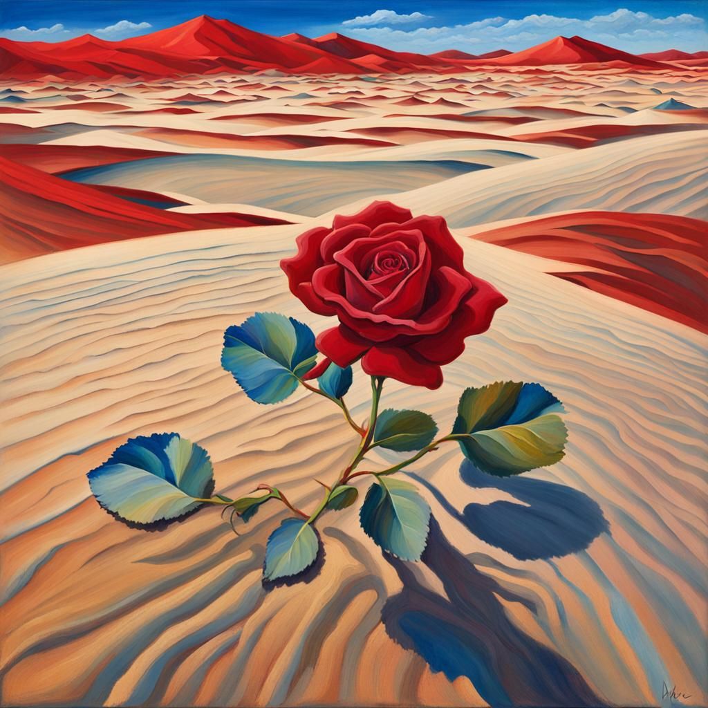 Solitary Rose in Arid Desert, Impasto Gouache Painting