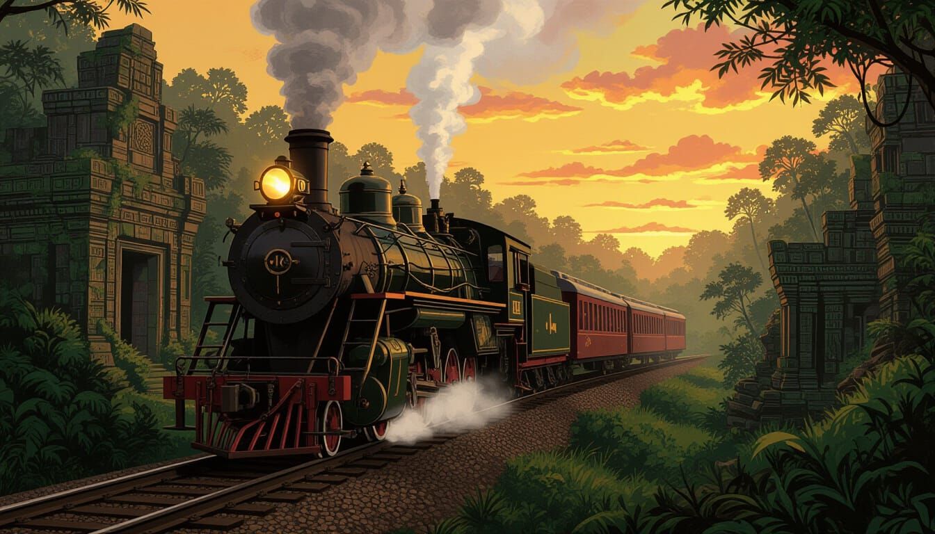 Vintage Jungle Train to Ancient Ruins at Sunset