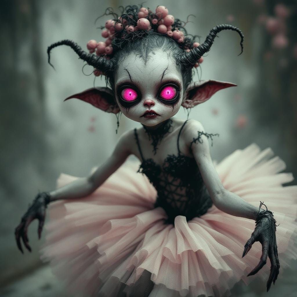 Sinister Ballerina Goblin Girl with Pink Eyes