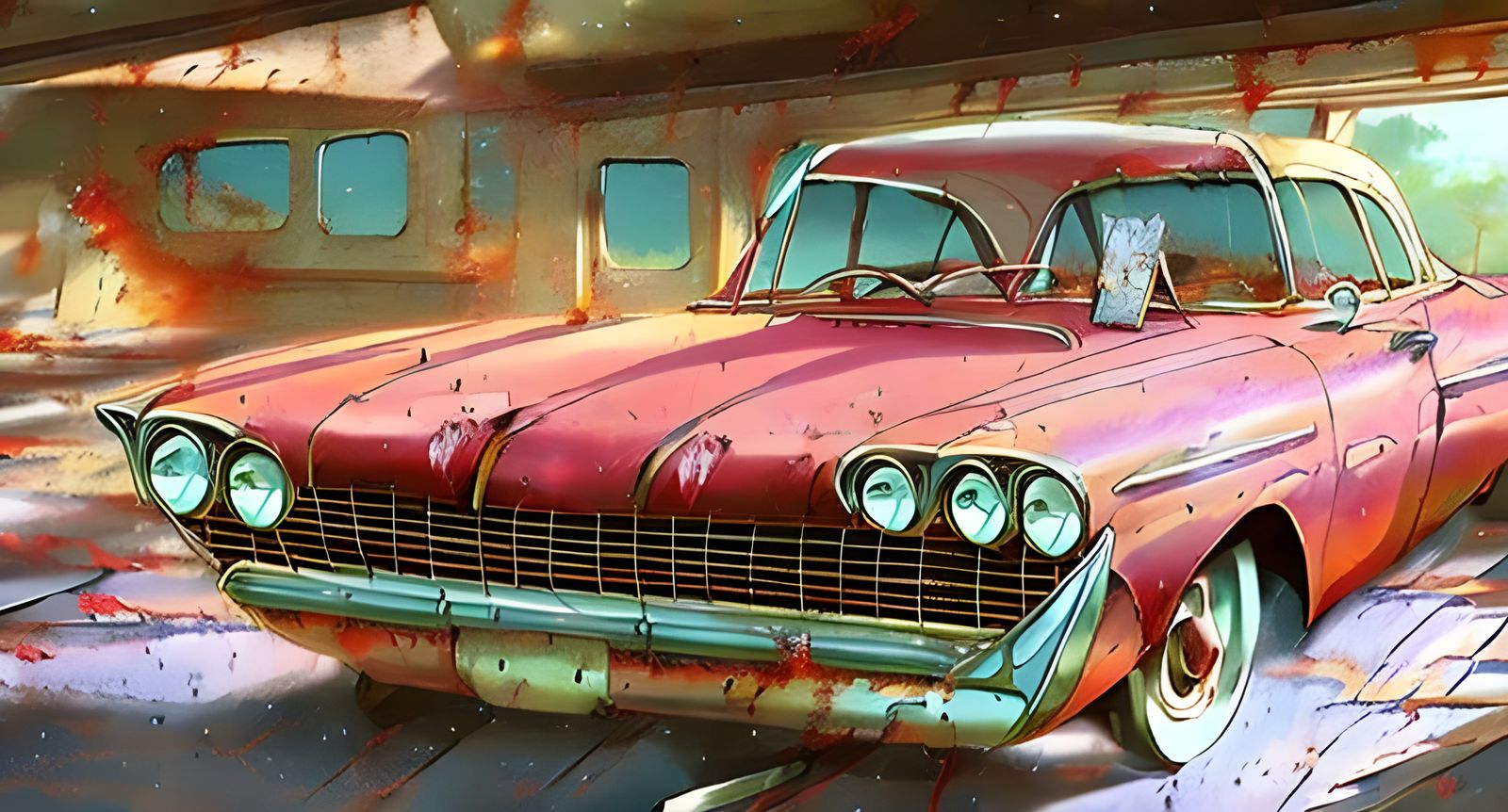 Abandoned Plymouth Fury in Studio Ghibli Anime Style