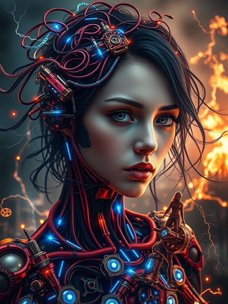 Mecha Girl Portrait With Red Engine Parts and Blue Neon