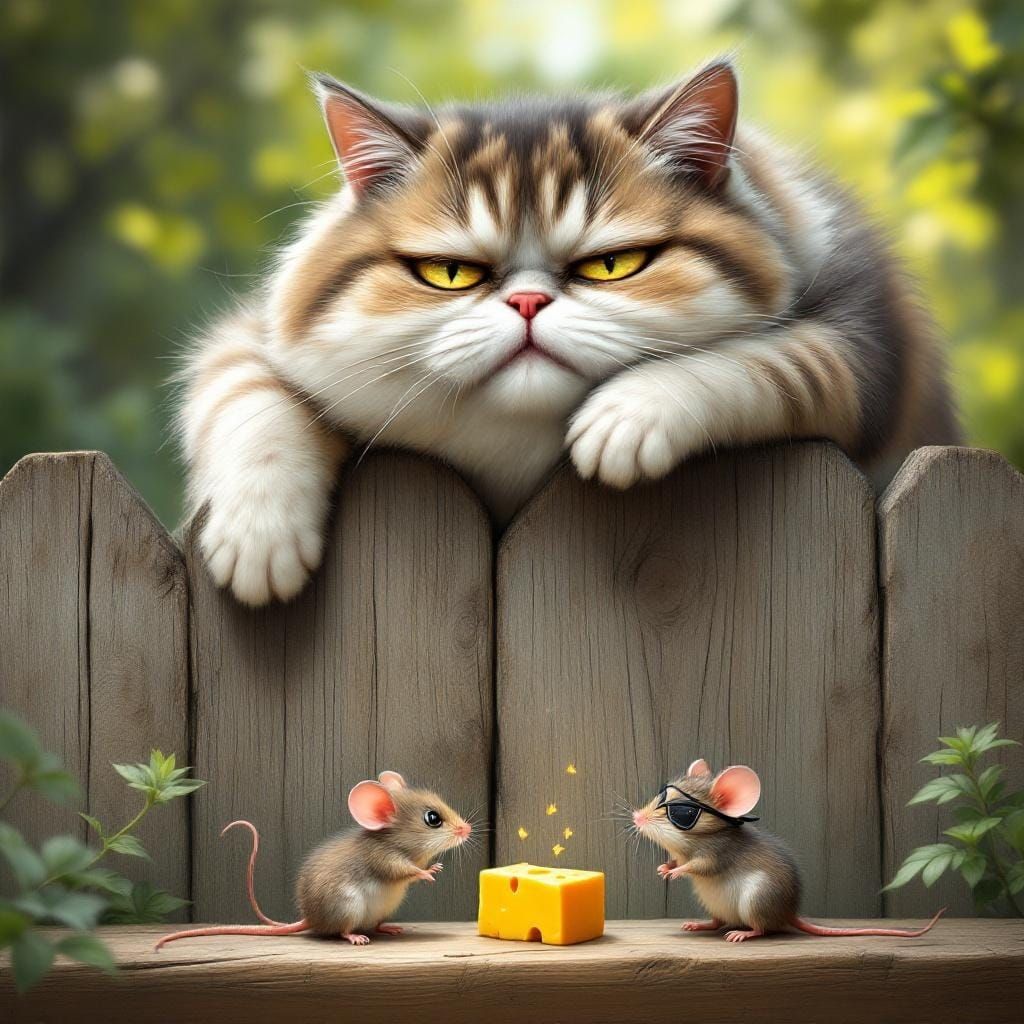 Chubby Cat Watches Mice Fight: Hyper-Realistic Illustration