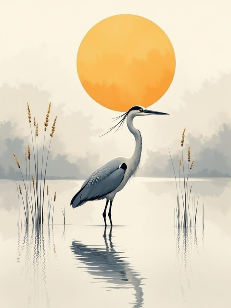 Elegant Heron in Japanese Landscape