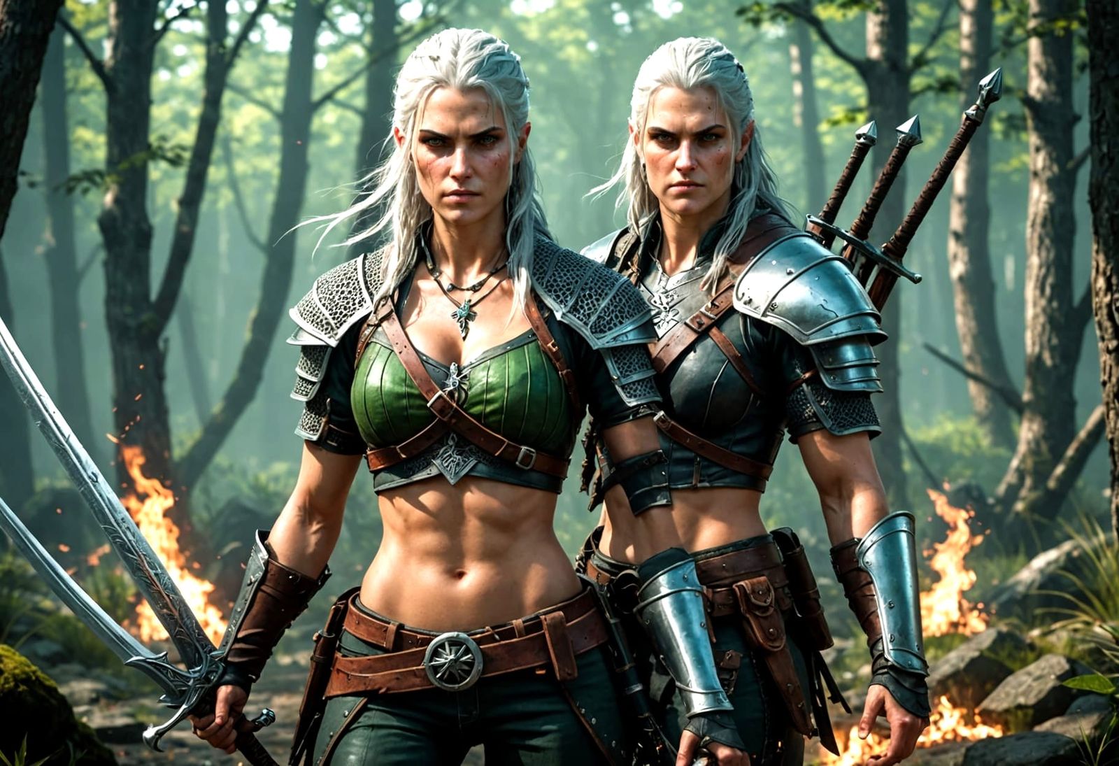 Cyberpunk-Style Female Warrior in Epic Battle