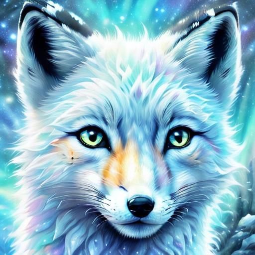 Arctic Fox Playing in Snow, Watercolor Style