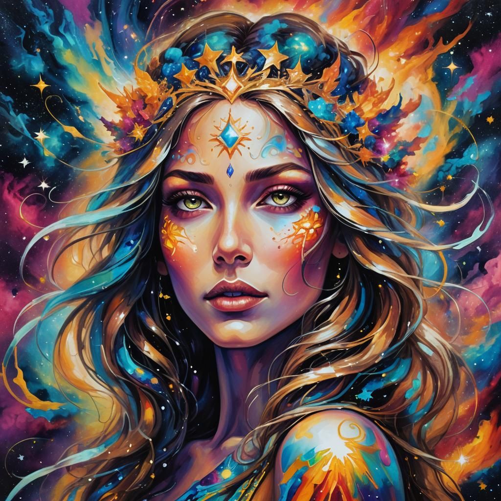 Cosmic Goddess Portrait in Surrealist Graffiti Style