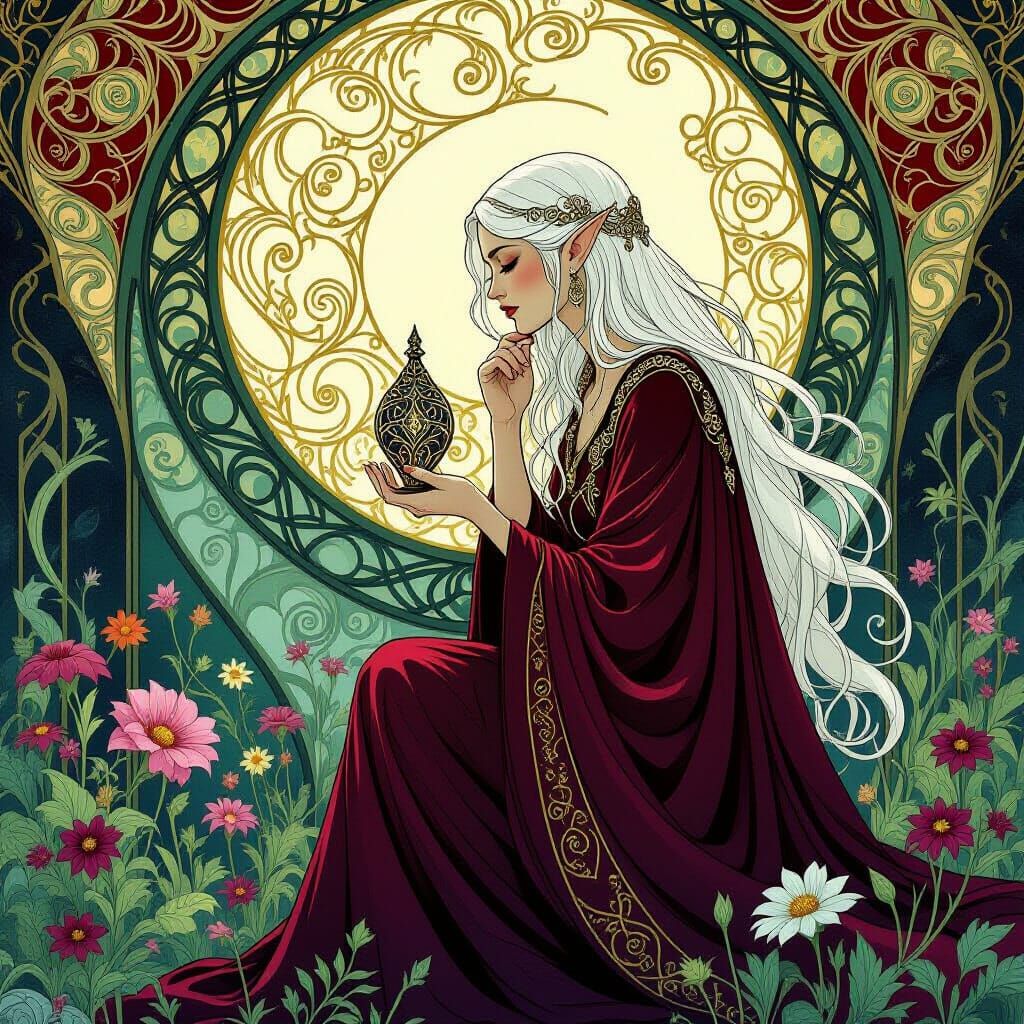 Art Nouveau Elven Princess Contemplating Artifact in Alien F...