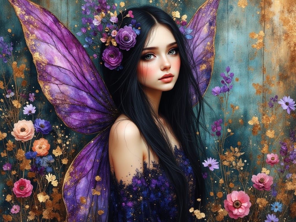 Hyperrealistic Fairy with Purple Wings in Encaustic Style