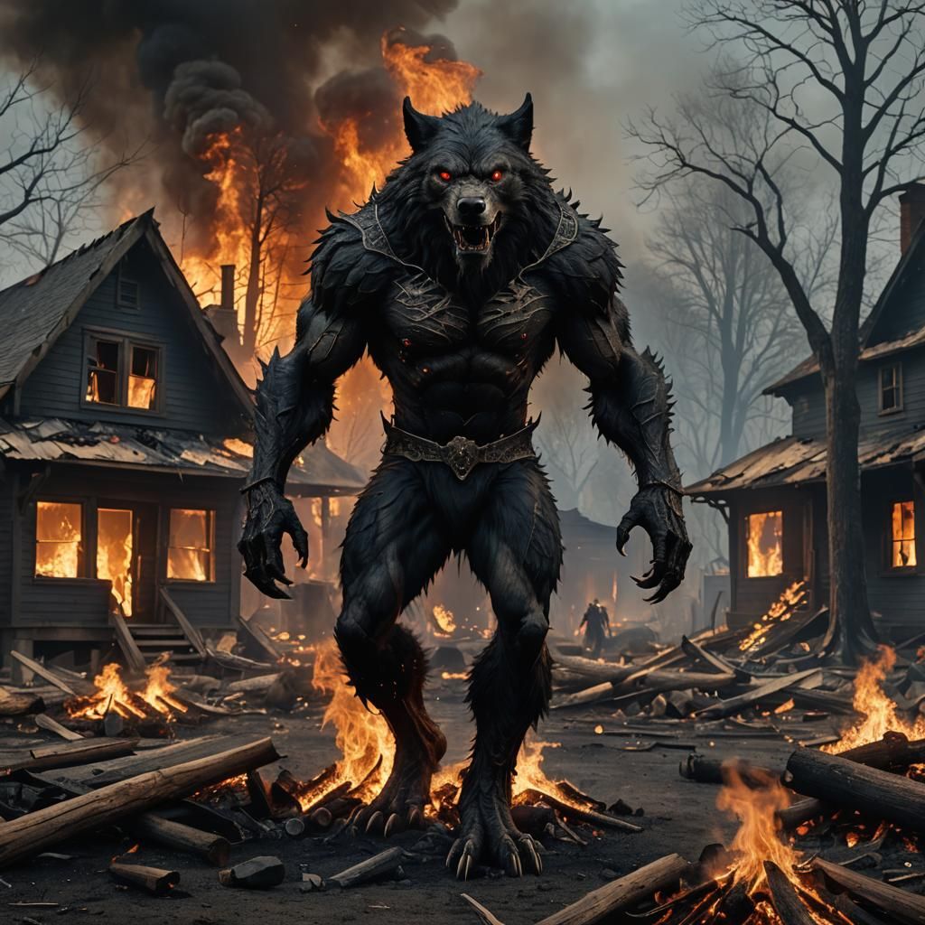 Dark Horror Werewolf Stands Before Burning House