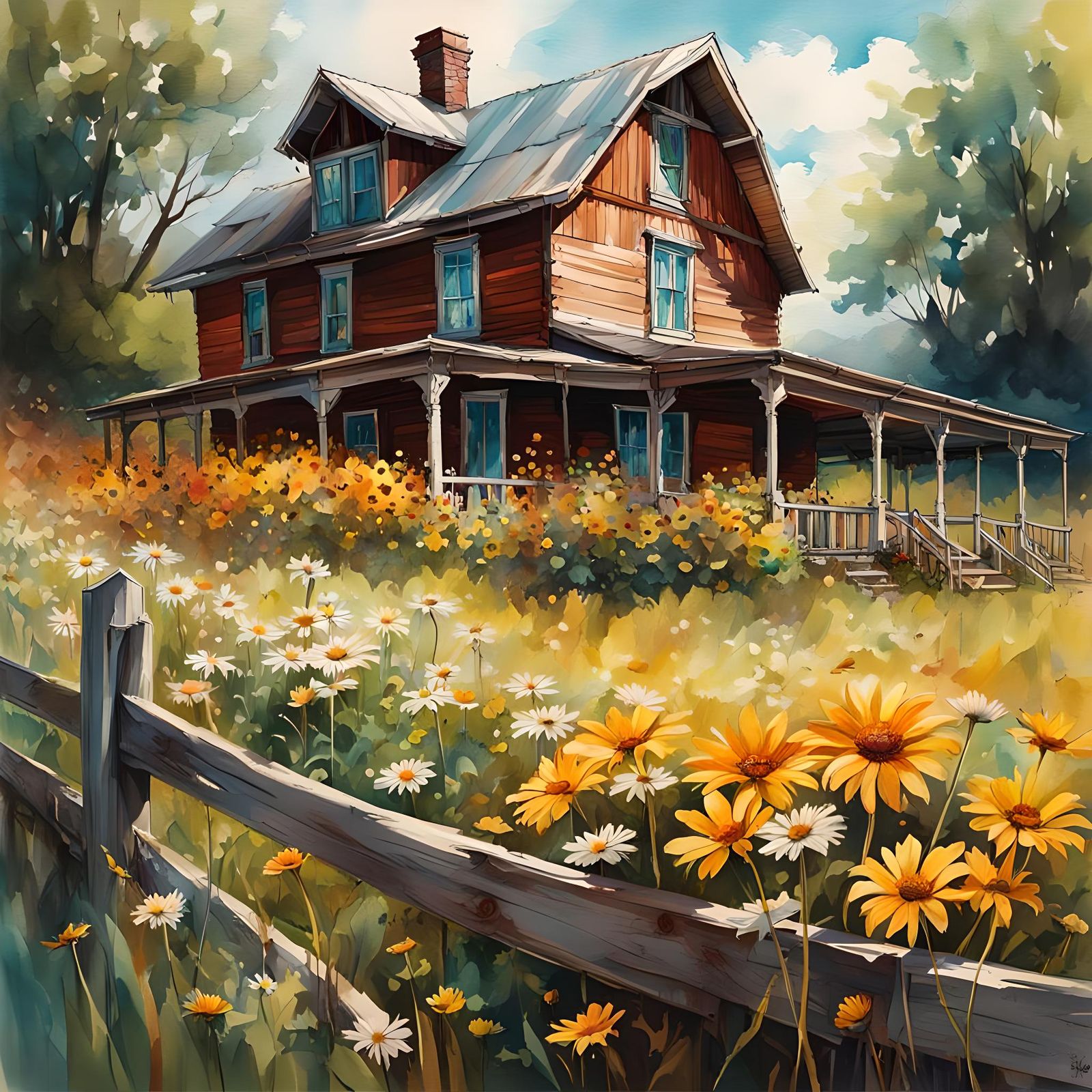Colorful Daisies Surround Old Farmhouse in Watercolor