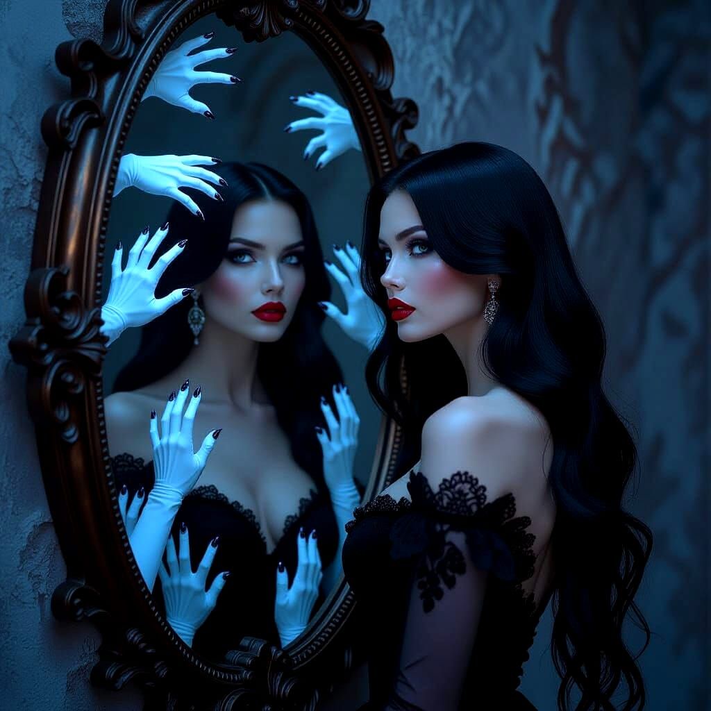 Eerie Reflection: Gothic Portrait in Futuristic Realism