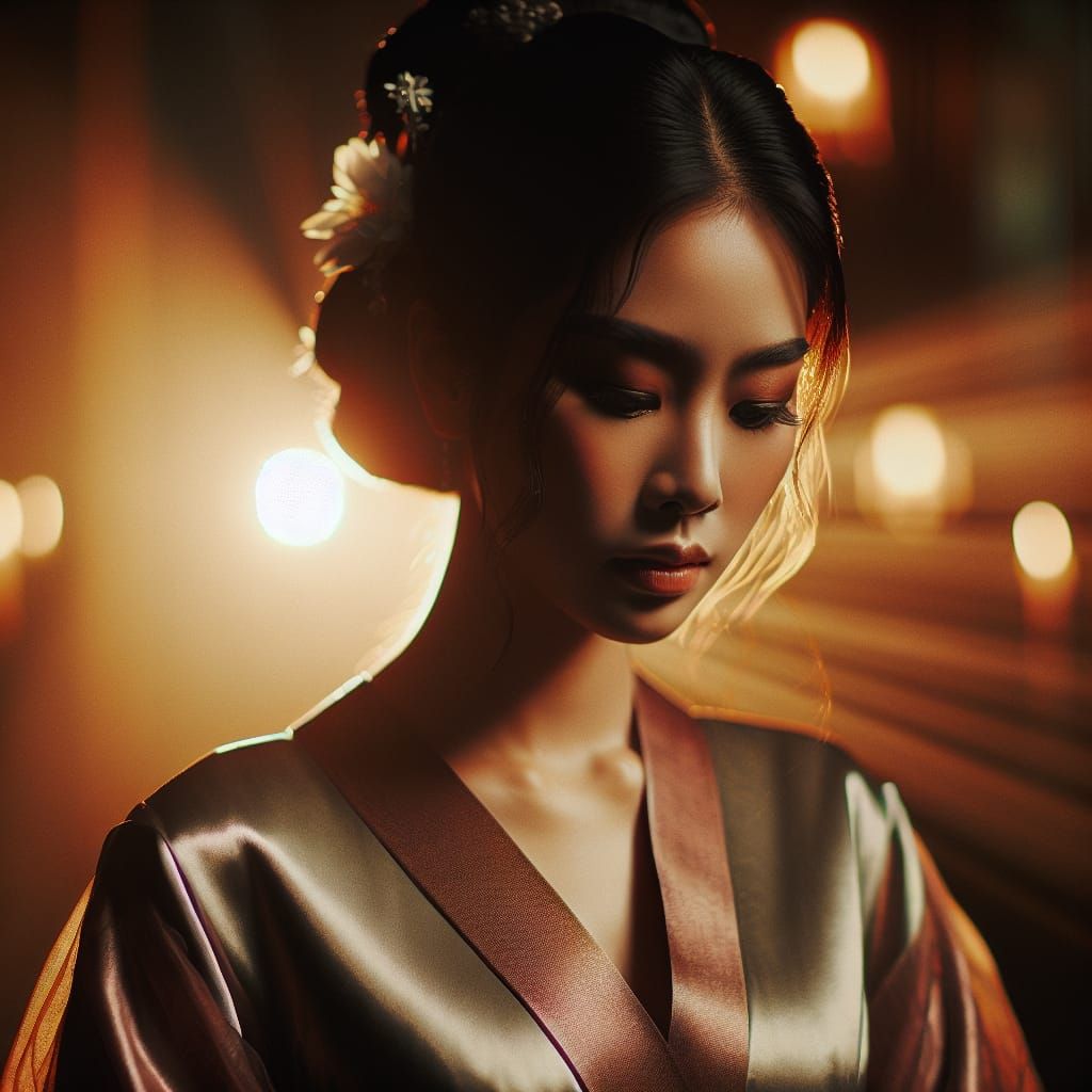 Cinematic Asian Girl in Satin Dress