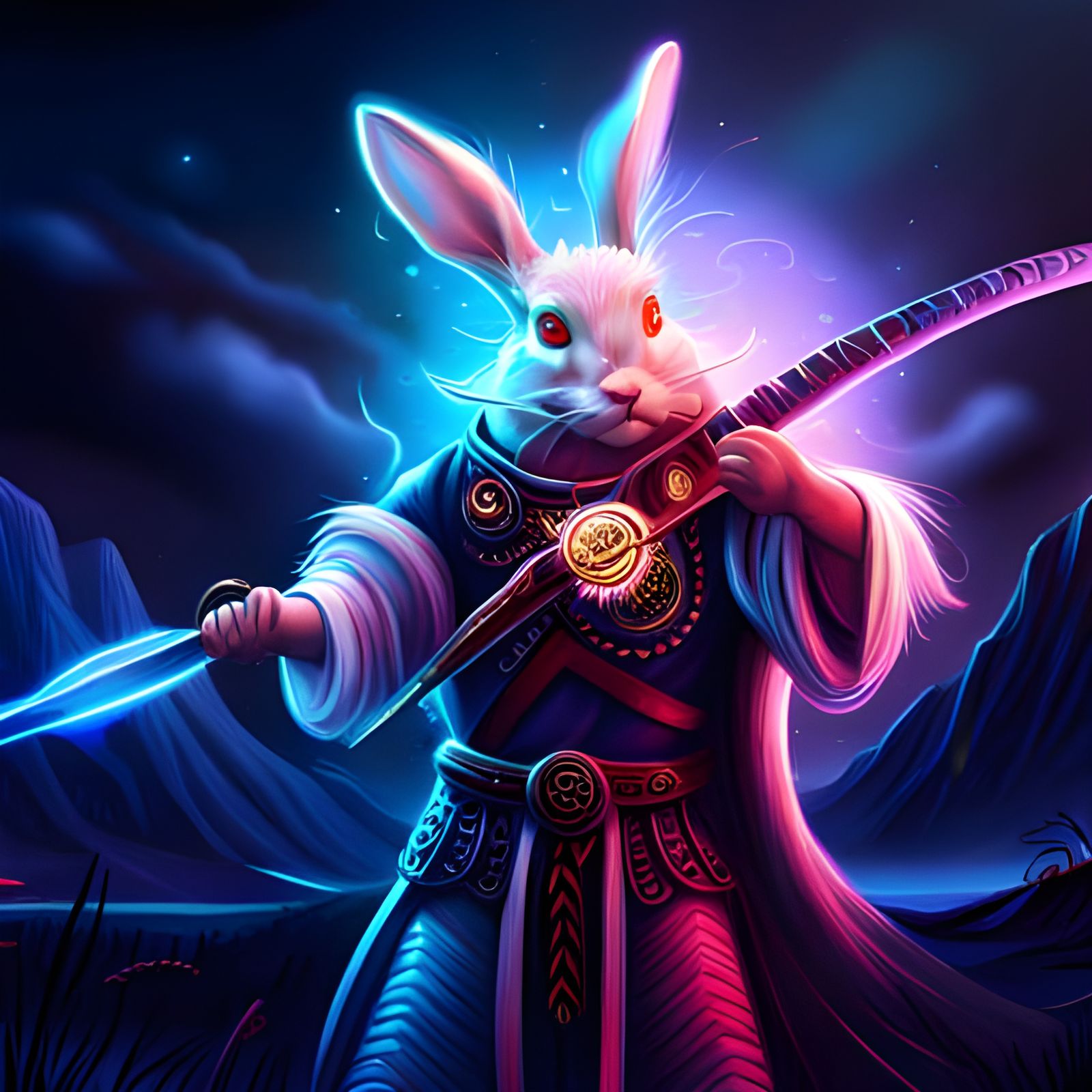 Cosmic Rabbit with Katana in Synthwave Style