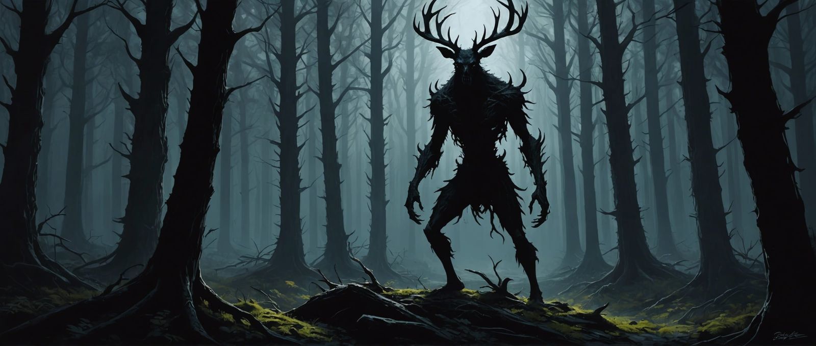 Dark Wendigo Silhouette in Creepy Forest Oil Painting