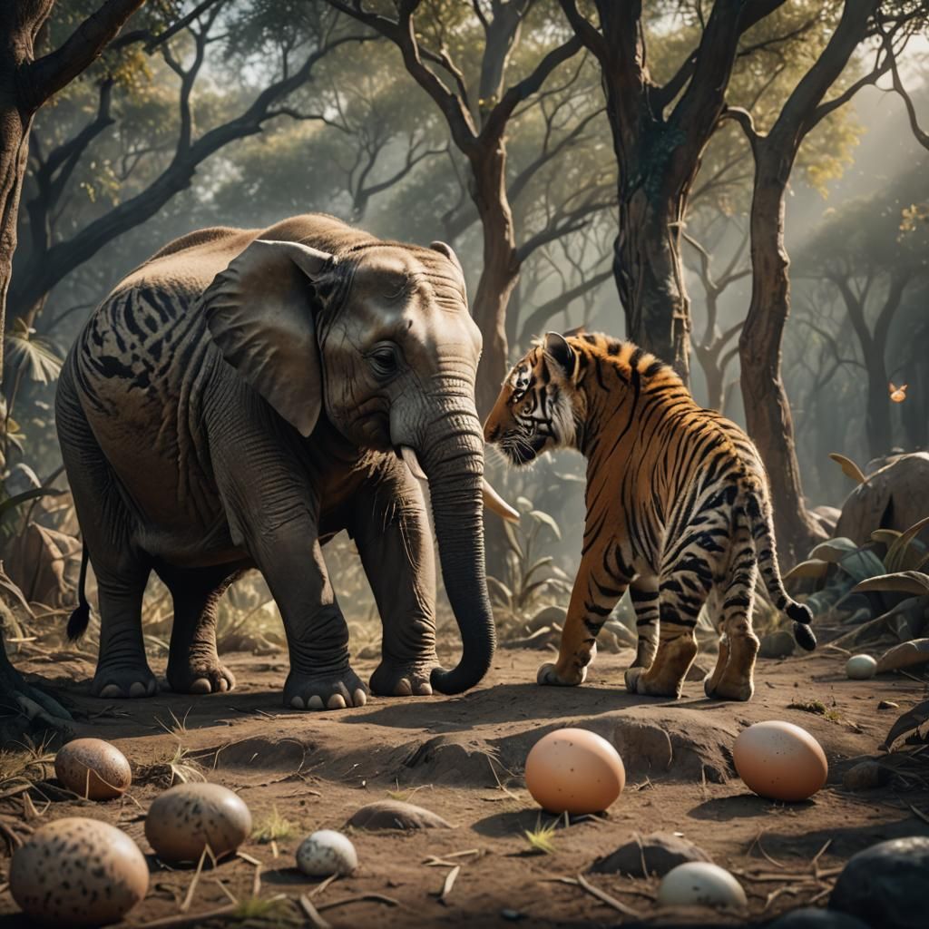 Elephant-Tiger Hybrid Hatchling: A Cinematic Still