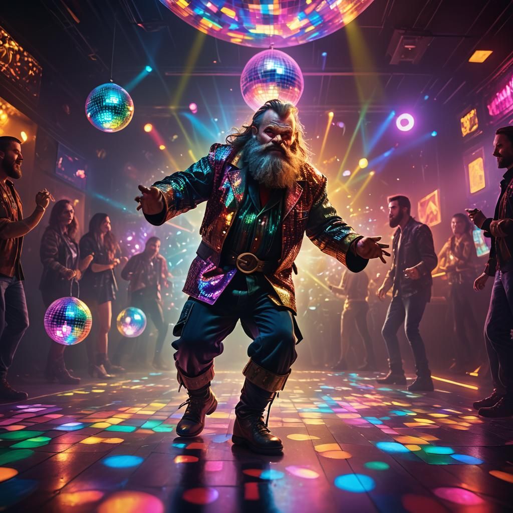 Dwarf Dancing in a Vibrant Disco, Hyperrealistic Art