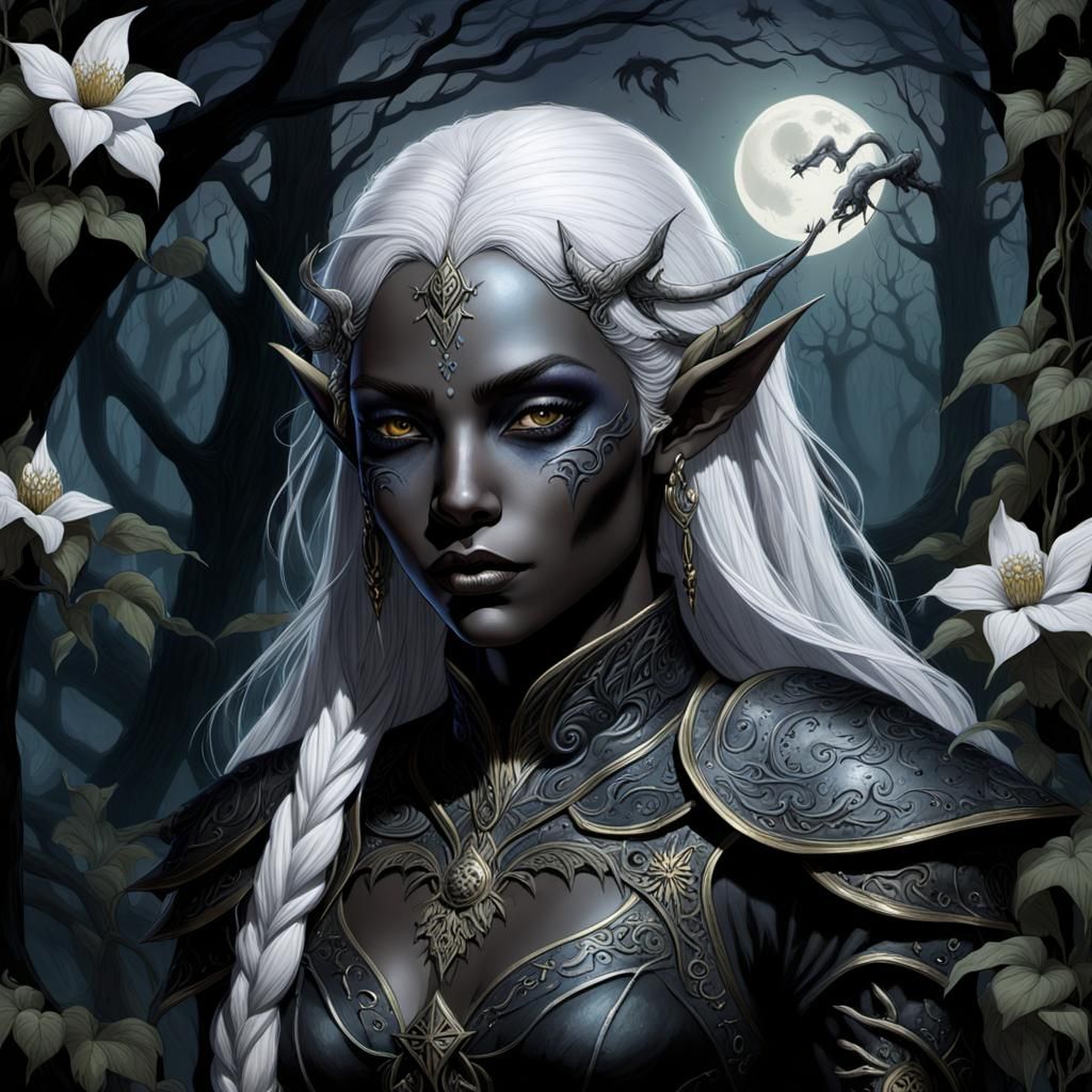 Drow Elf Warrior in Moonlit Forest: Digital Baroque