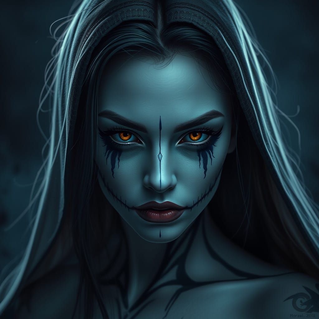 Ethereal Ghost Woman in White Makeup, Yellow Eyes, and Intri...