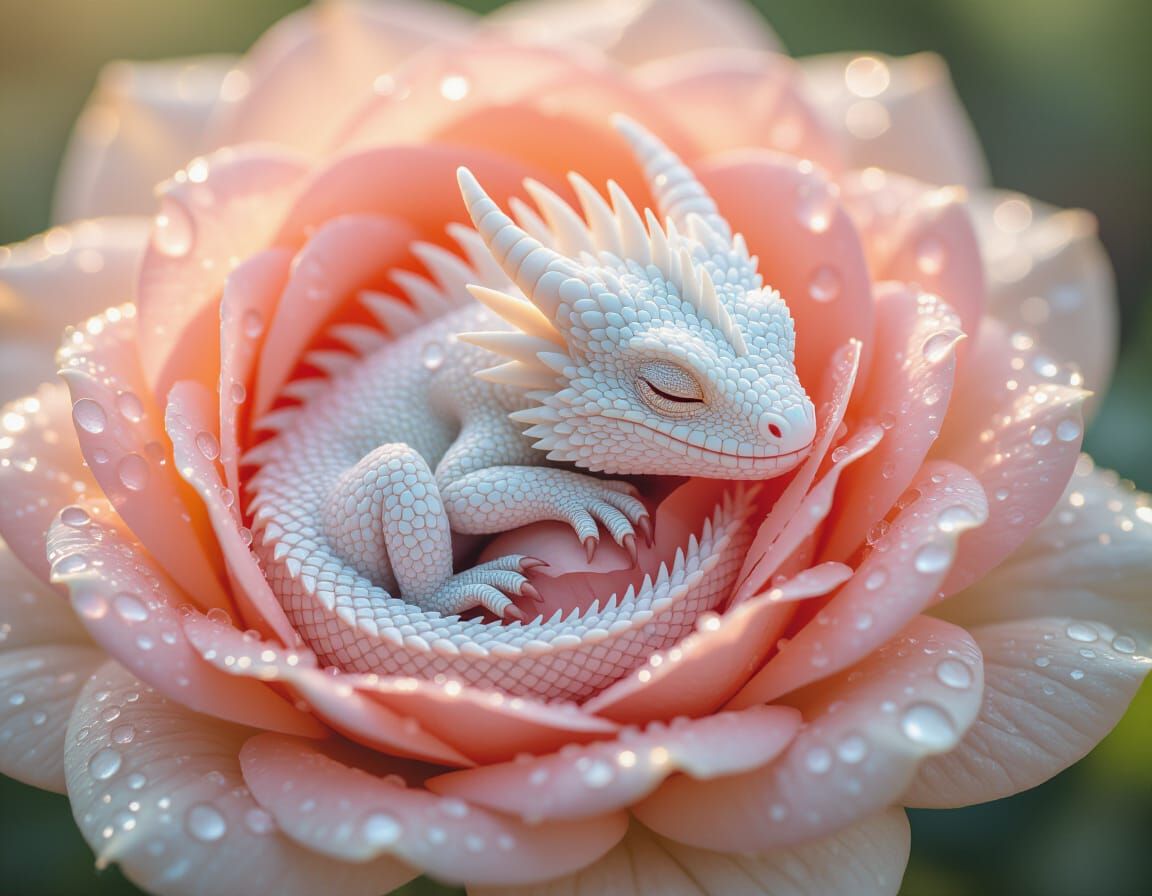 Sleeping White Dragon in Rose: Macro Photography