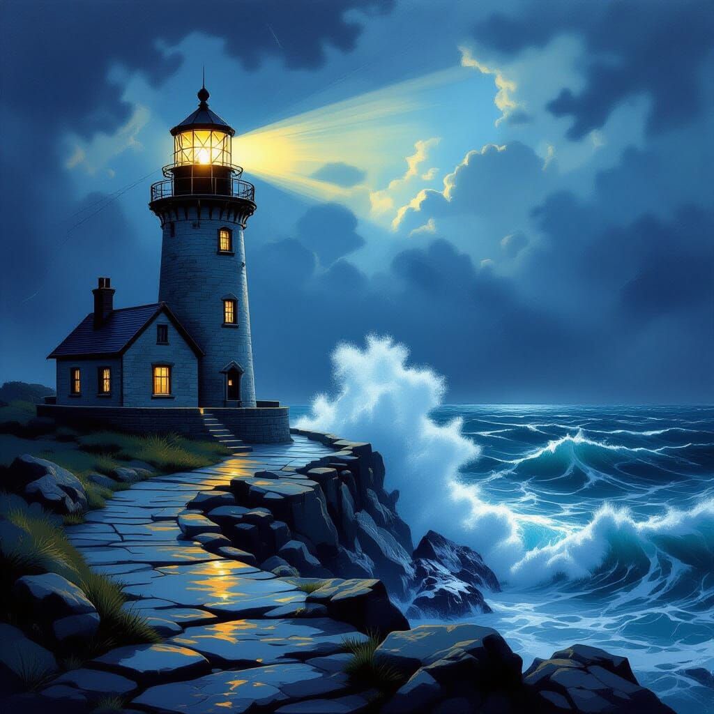 Majestic Lighthouse Beacon in Stormy Night